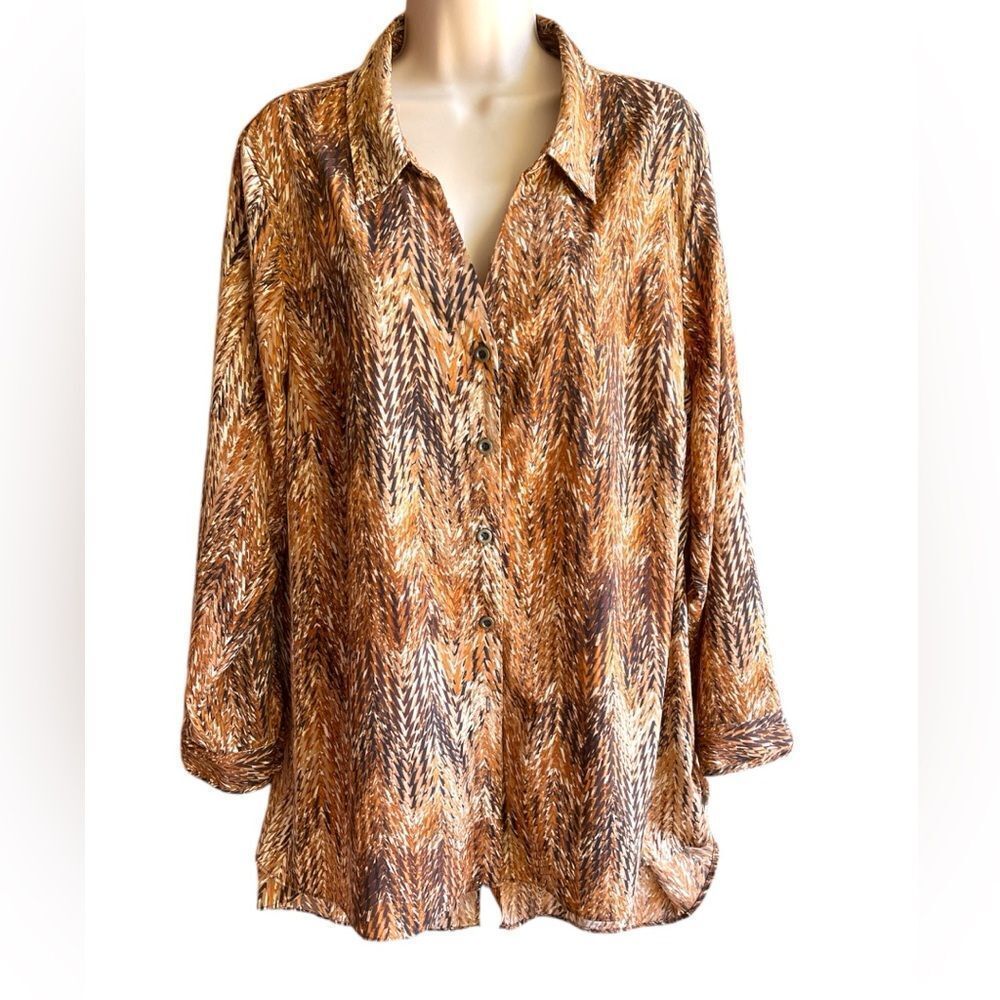 Catherines Button Up Tunic Shirt Womens 1X Split Back Brown Pattern
